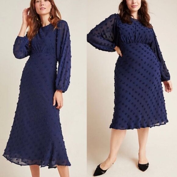Anthropologie Eri+Ali Womens Michaela Dot Textured Midi Dress Blue Size 14 Lined - Picture 1 of 9